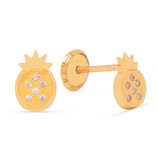 14K Yellow Gold Pineapple with White CZ Accents Screwback Earrings