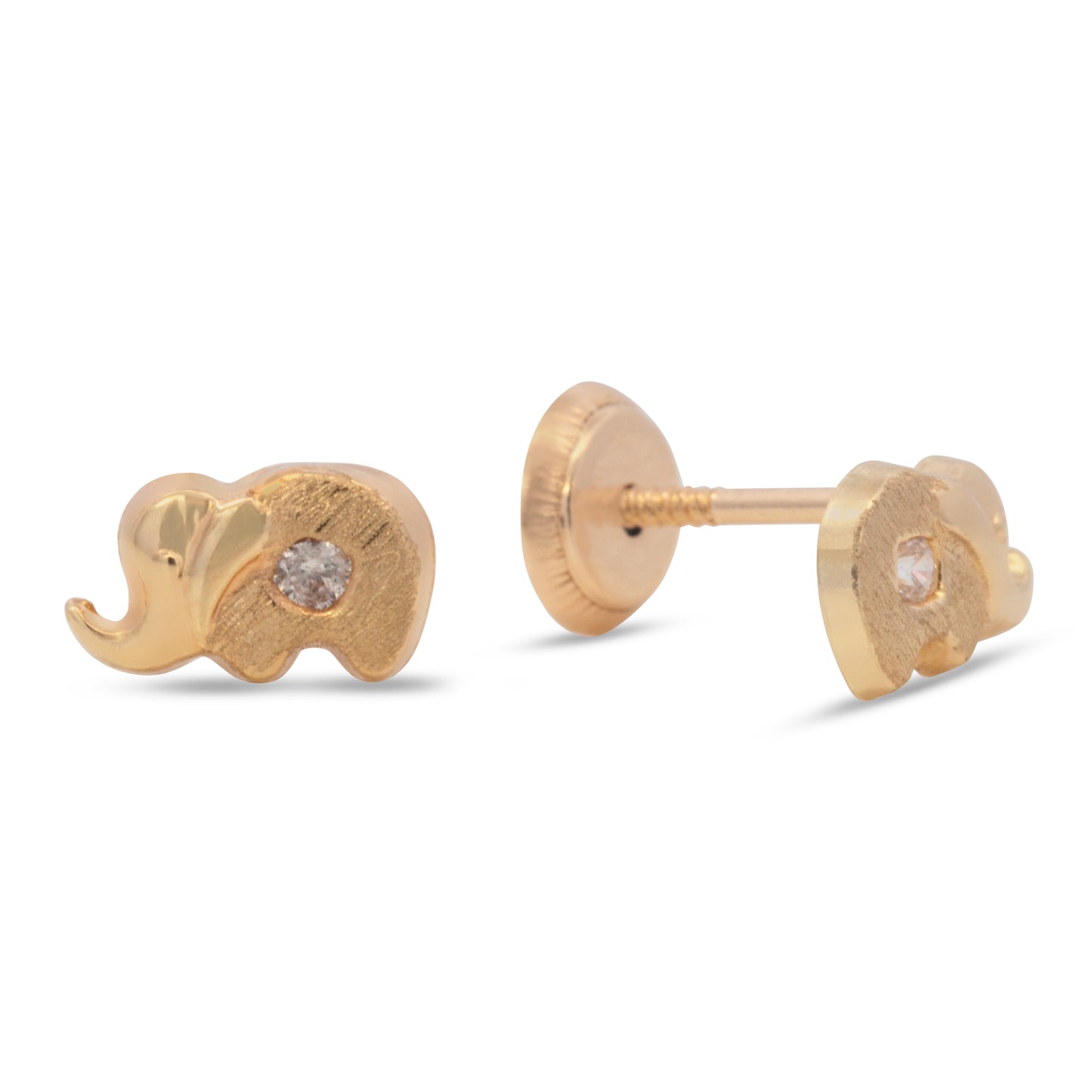 14K Yellow Gold Small Sitting Elephant with Solitaire White CZ Stud Screwback Earrings