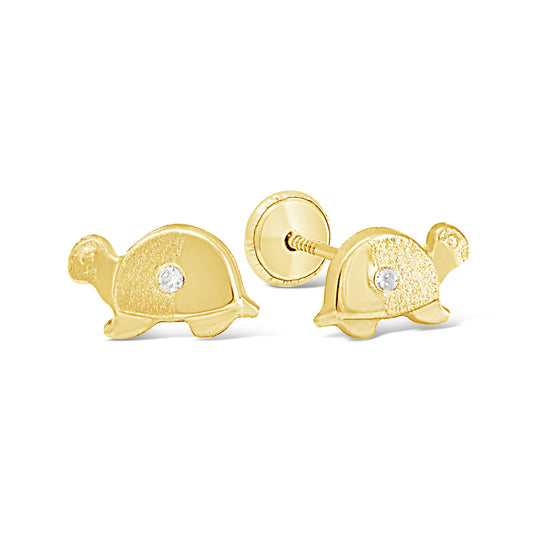14K Yellow Gold Medium Turtle with White CZ Center Screwback Earrings