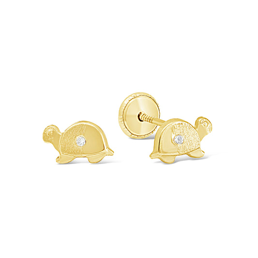 14K Yellow Gold Small Turtle with White CZ Center Screwback Earrings