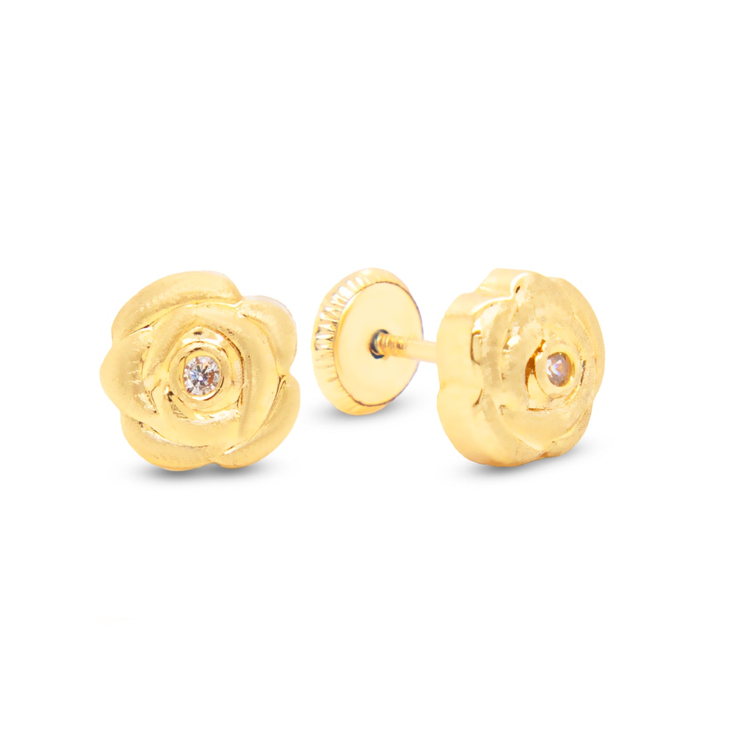 14K Yellow Gold Large Textured Rose with CZ Center Stud Screwback Earrings