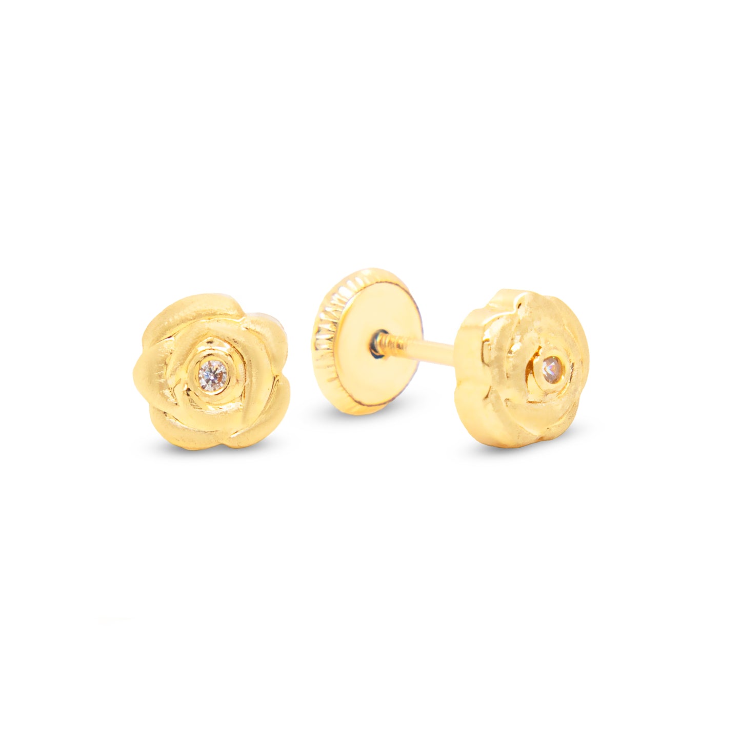 14K Yellow Gold Small Textured Rose with CZ Center Stud Screwback Earrings