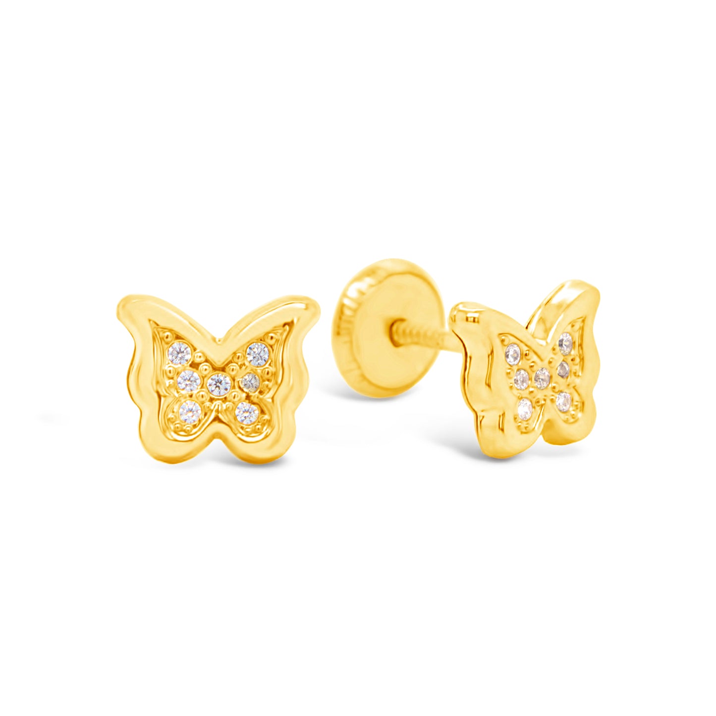 14K Yellow Gold Detailed Butterfly with White CZ Accent Stud Screwback Earrings