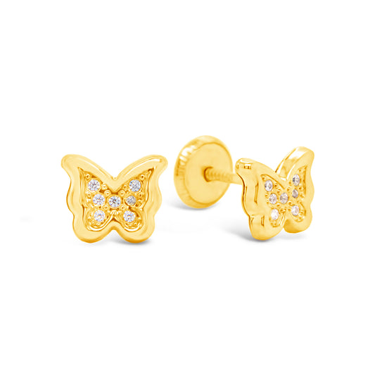 14K Yellow Gold Detailed Butterfly with White CZ Accent Stud Screwback Earrings