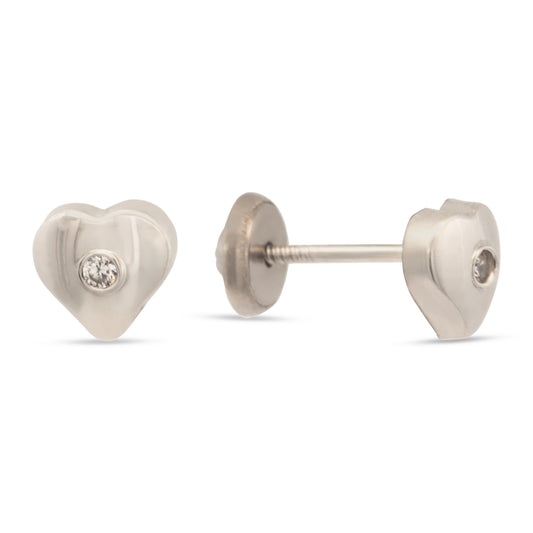 14K White Gold Large Solitaire CZ Heart Stud Screwback  Earrings