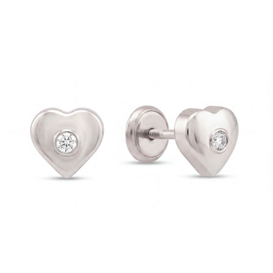 14K White Gold Large Solitaire CZ Heart Stud Screwback  Earrings