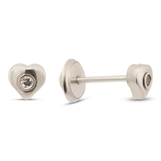 14K White Gold Small Solitaire CZ Heart Stud Screwback  Earrings