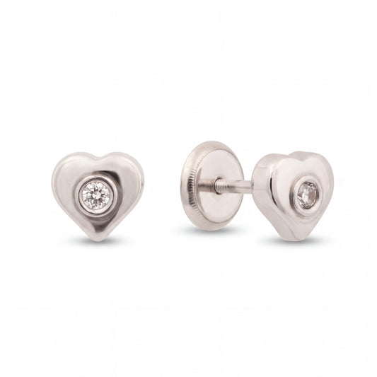 14K White Gold Small Solitaire CZ Heart Stud Screwback  Earrings