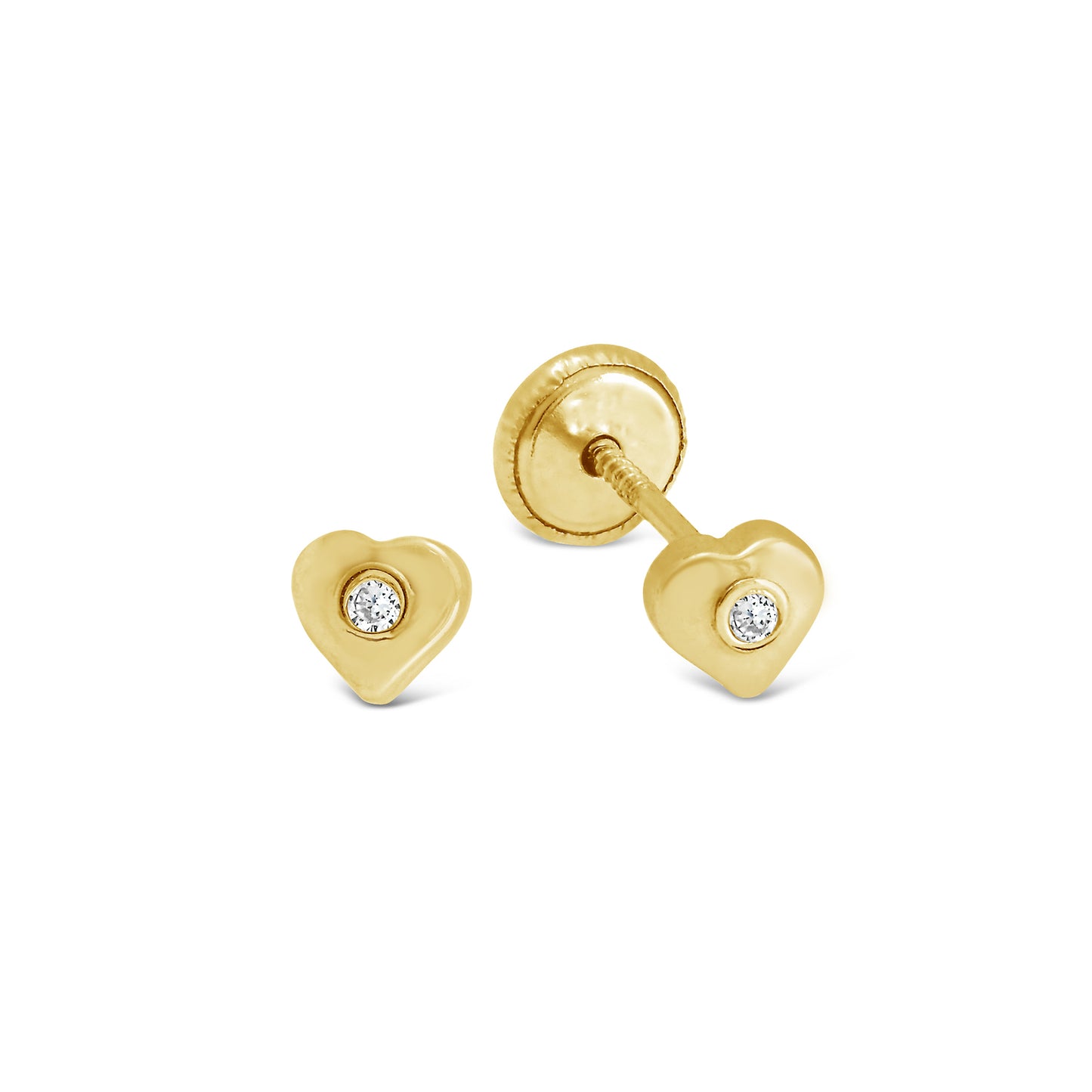 14K Yellow Gold Small Solitaire CZ Heart Stud Screwback  Earrings