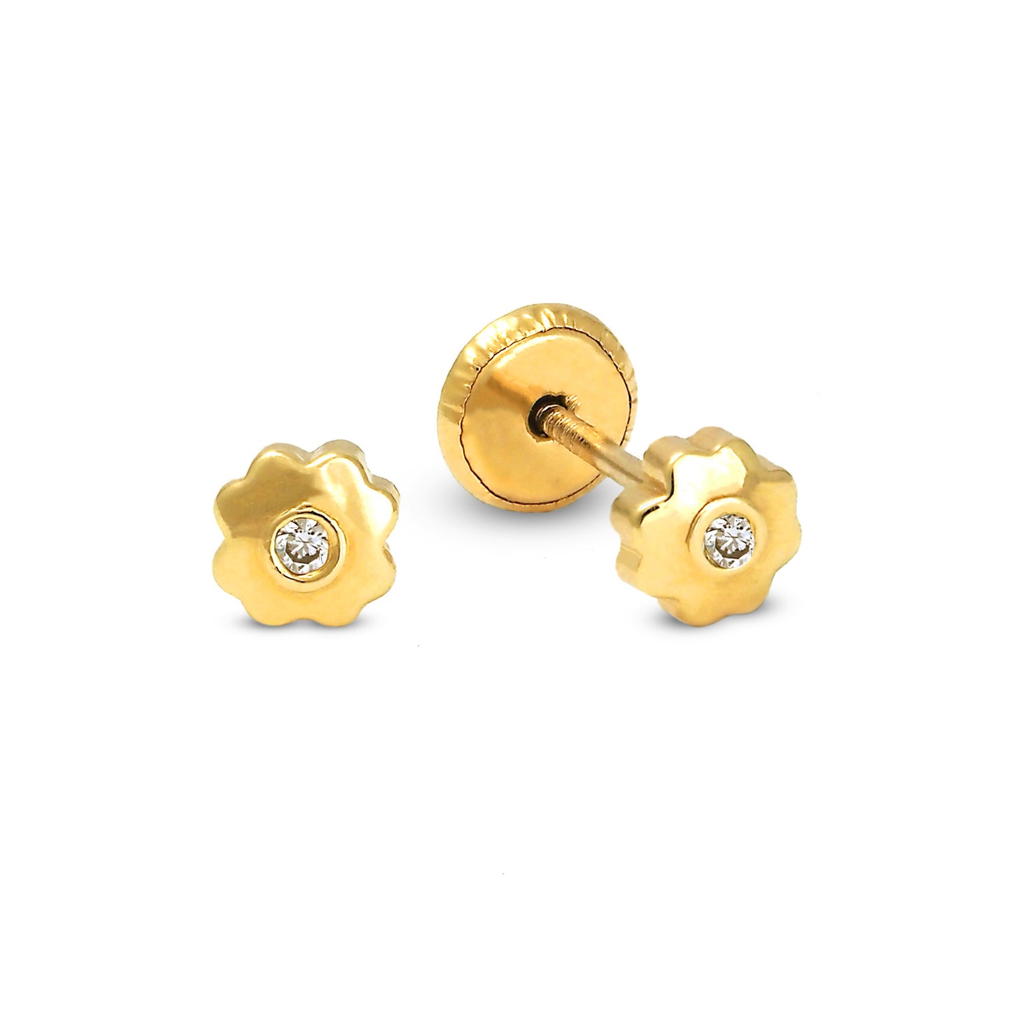 14K Yellow Gold Small Polished Flower with CZ Flower Stud Screwback Earrings