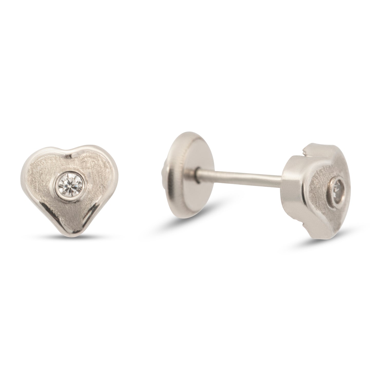 14K White Gold Medium Solitaire CZ Heart Stud Screwback  Earrings