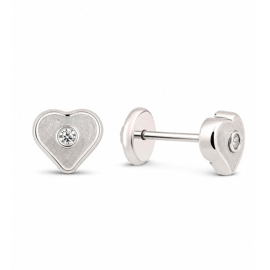 14K White Gold Medium Solitaire CZ Heart Stud Screwback  Earrings