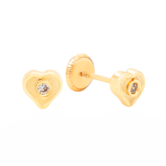 14K Yellow Gold Medium Solitaire CZ Heart Stud Screwback  Earrings