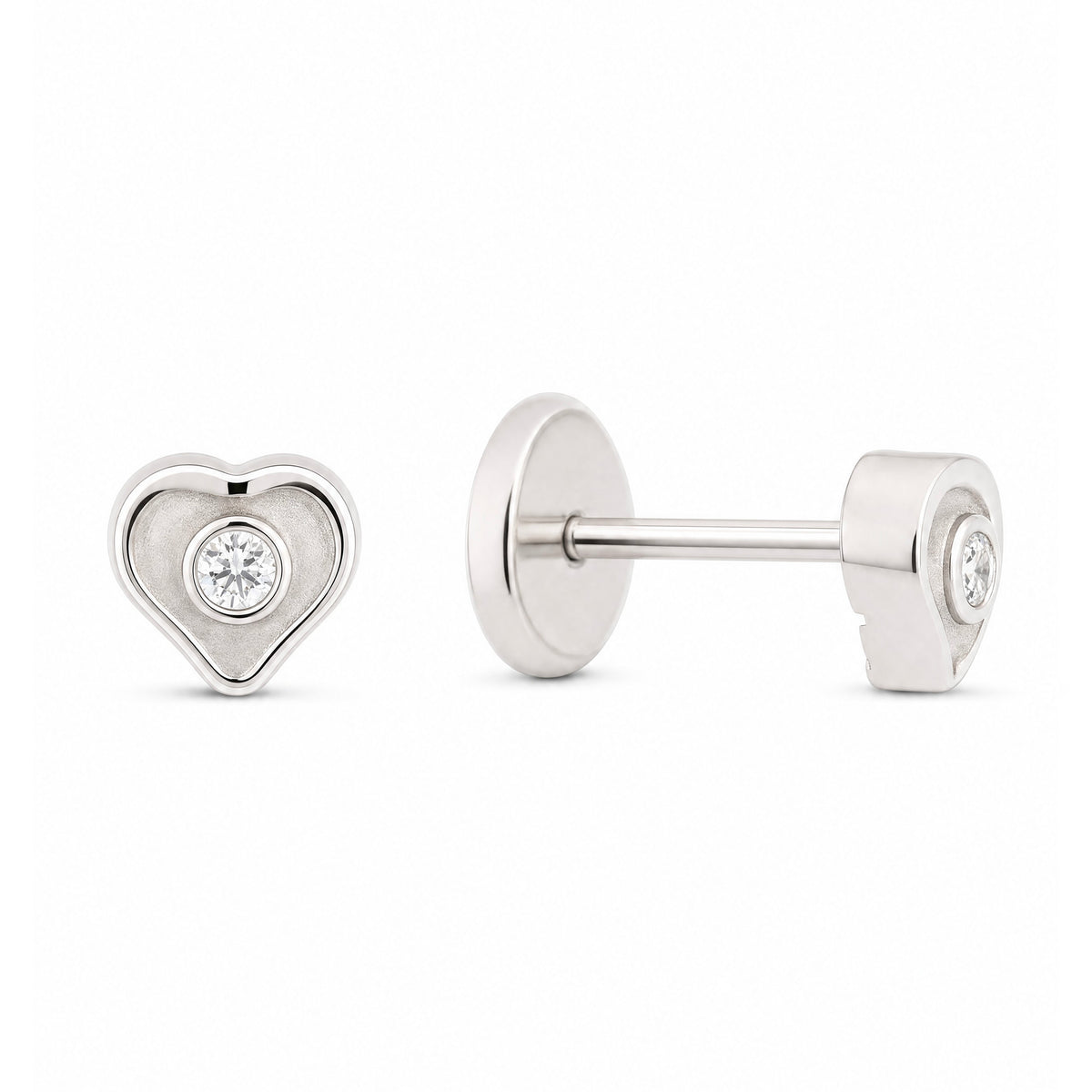 14K White Gold Small Solitaire CZ Heart Stud Screwback  Earrings-1