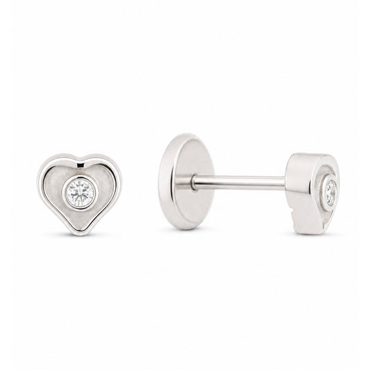 14K White Gold Small Solitaire CZ Heart Stud Screwback  Earrings-1