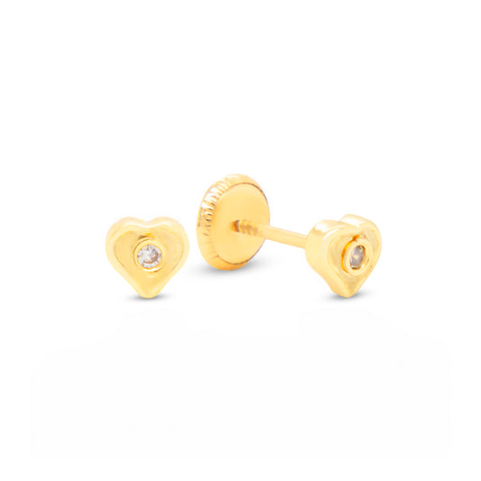 14K Yellow Gold Small Solitaire CZ Heart Stud Screwback  Earrings-1