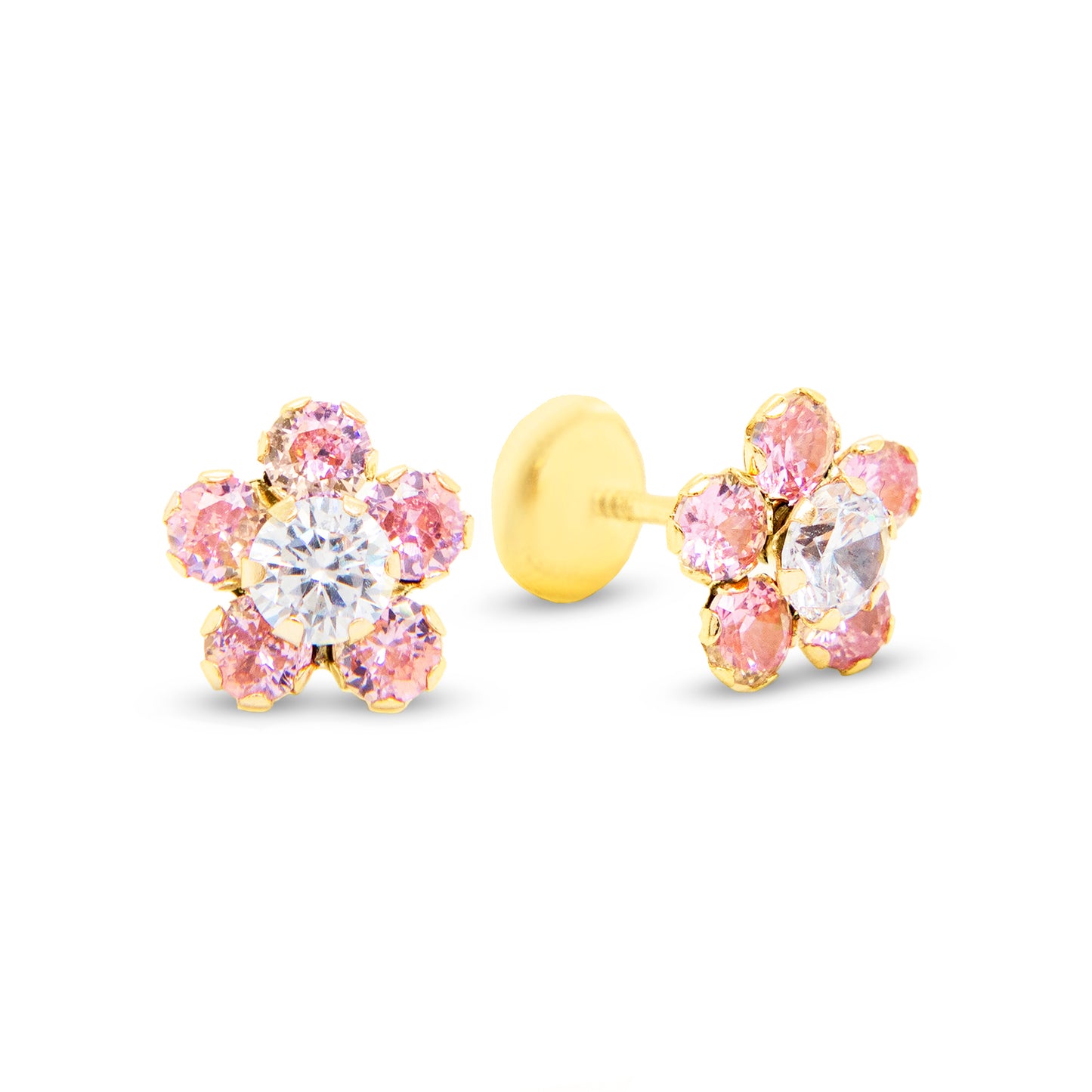14K Yellow Gold Large Pink & White CZ Round Flower Stud Screwback Earrings