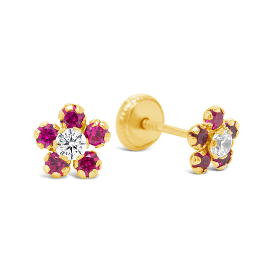 14K Yellow Gold Large Red & White CZ Round Flower Stud Screwback Earrings