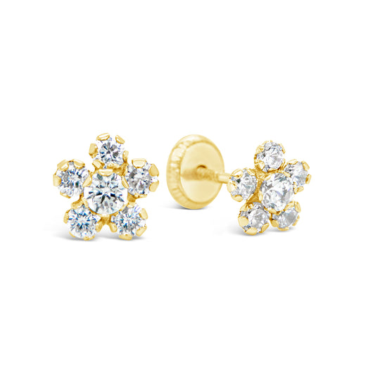 14K Yellow Gold Large White CZ Round Flower Stud Screwback Earrings