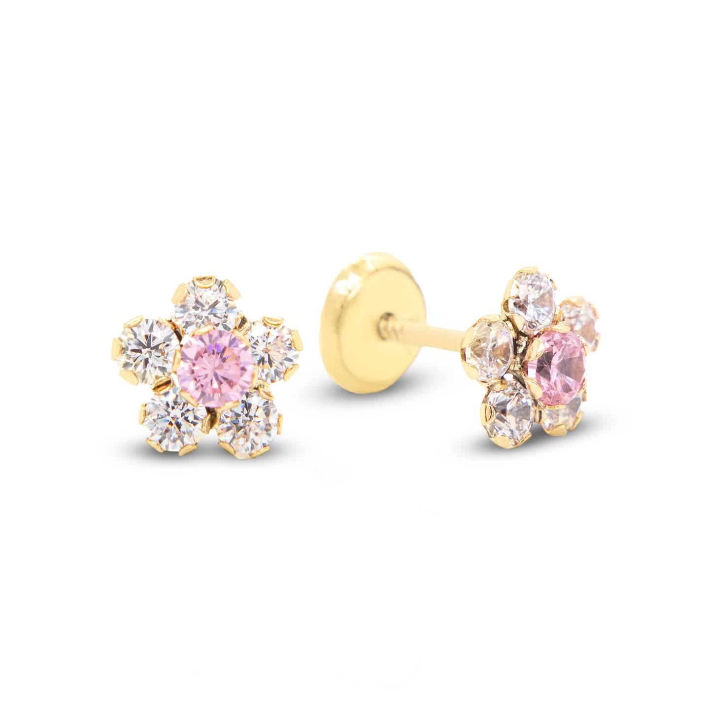 14K Yellow Gold Large White & Pink CZ Round Flower Stud Screwback Earrings