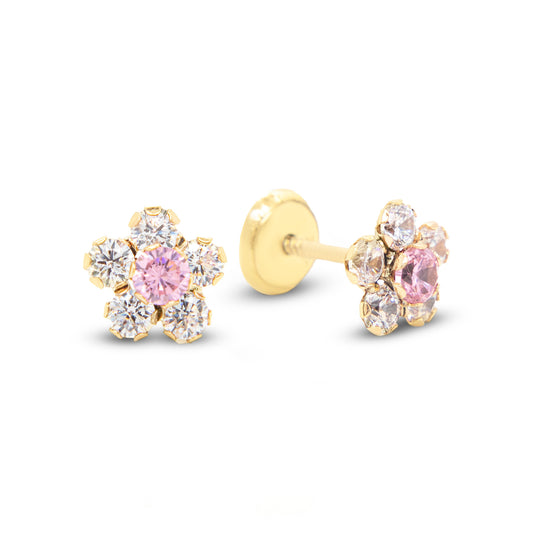 14K Yellow Gold Large White & Pink CZ Round Flower Stud Screwback Earrings