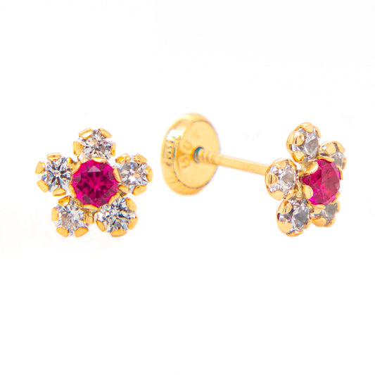 14K Yellow Gold Large White & Red CZ Round Flower Stud Screwback Earrings