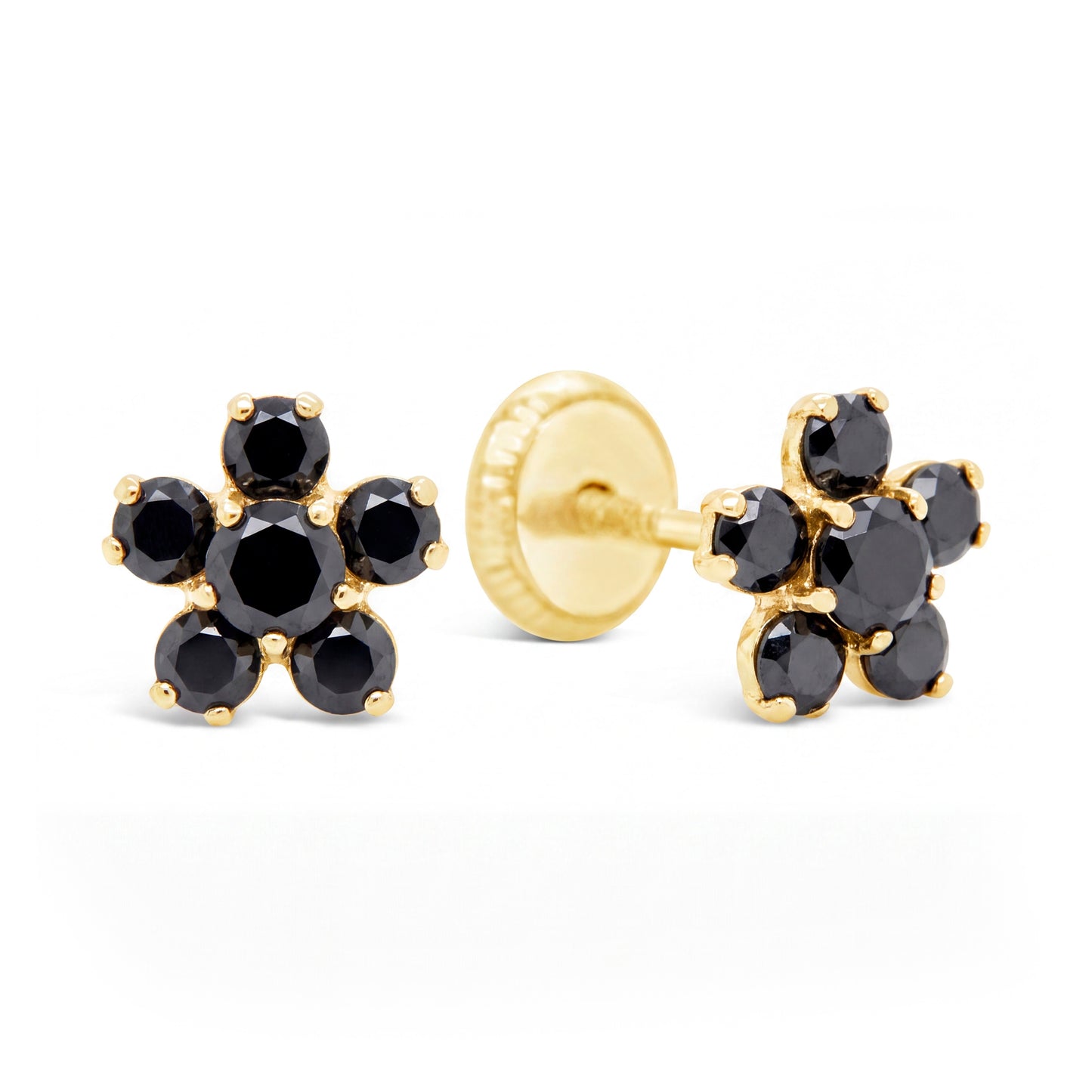 14K Yellow Gold Medium Black CZ Round Flower Stud Screwback Earrings
