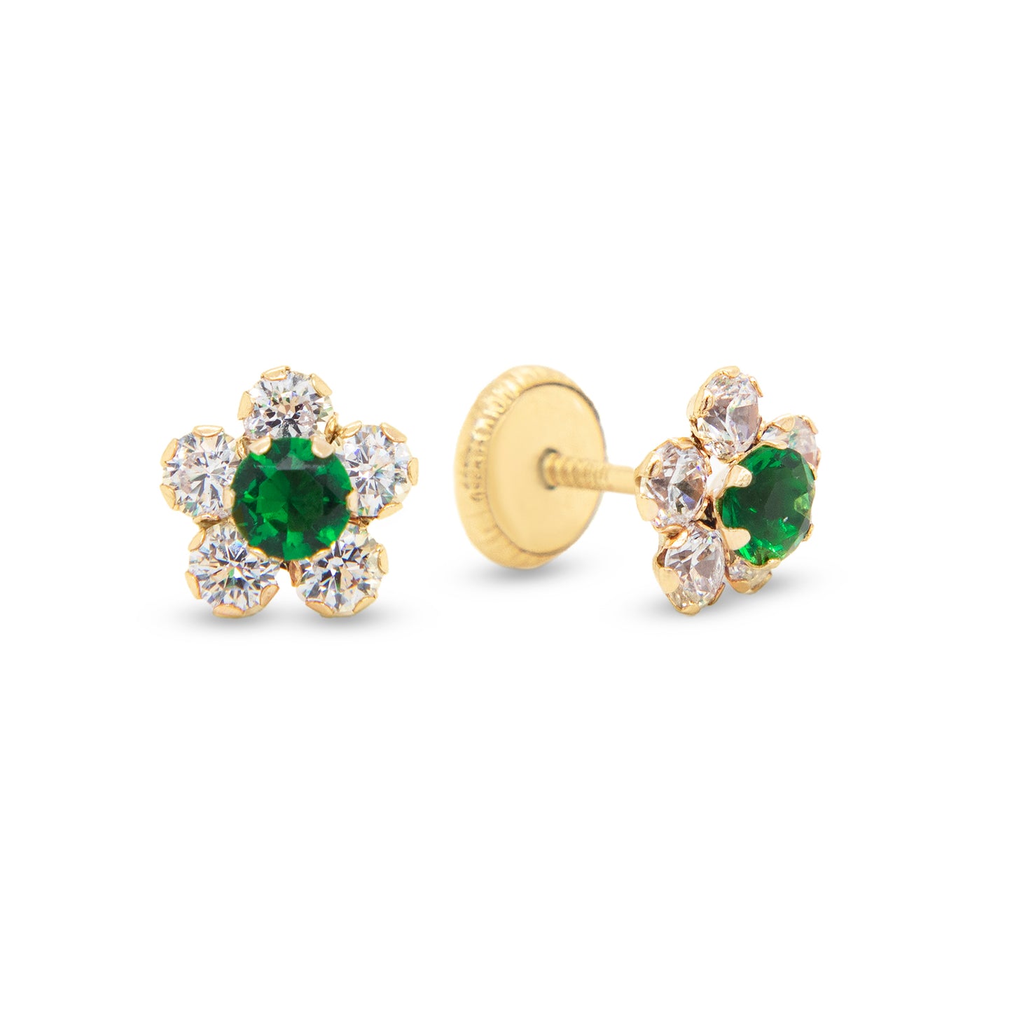 14K Yellow Gold Medium White & Green CZ Round Flower Stud Screwback Earrings