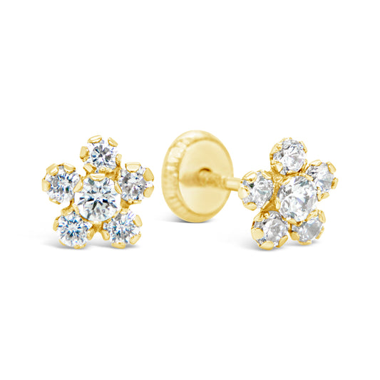 14K Yellow Gold Medium White CZ Round Flower Stud Screwback Earrings