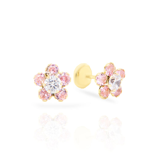 14K Yellow Gold Small Pink & White CZ Round Flower Stud Screwback Earrings