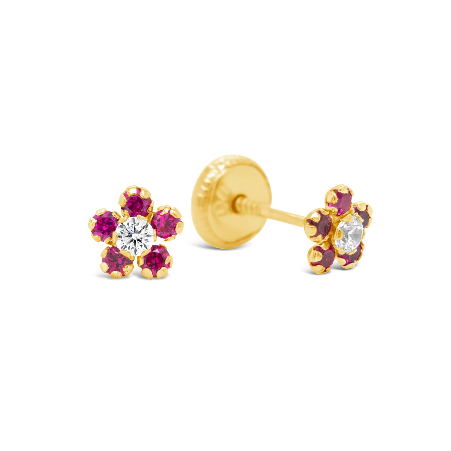 14K Yellow Gold Small Red & White CZ Round Flower Stud Screwback Earrings