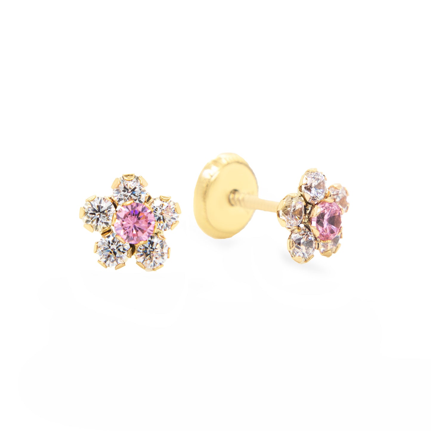 14K Yellow Gold Small White & Pink CZ Round Flower Stud Screwback Earrings