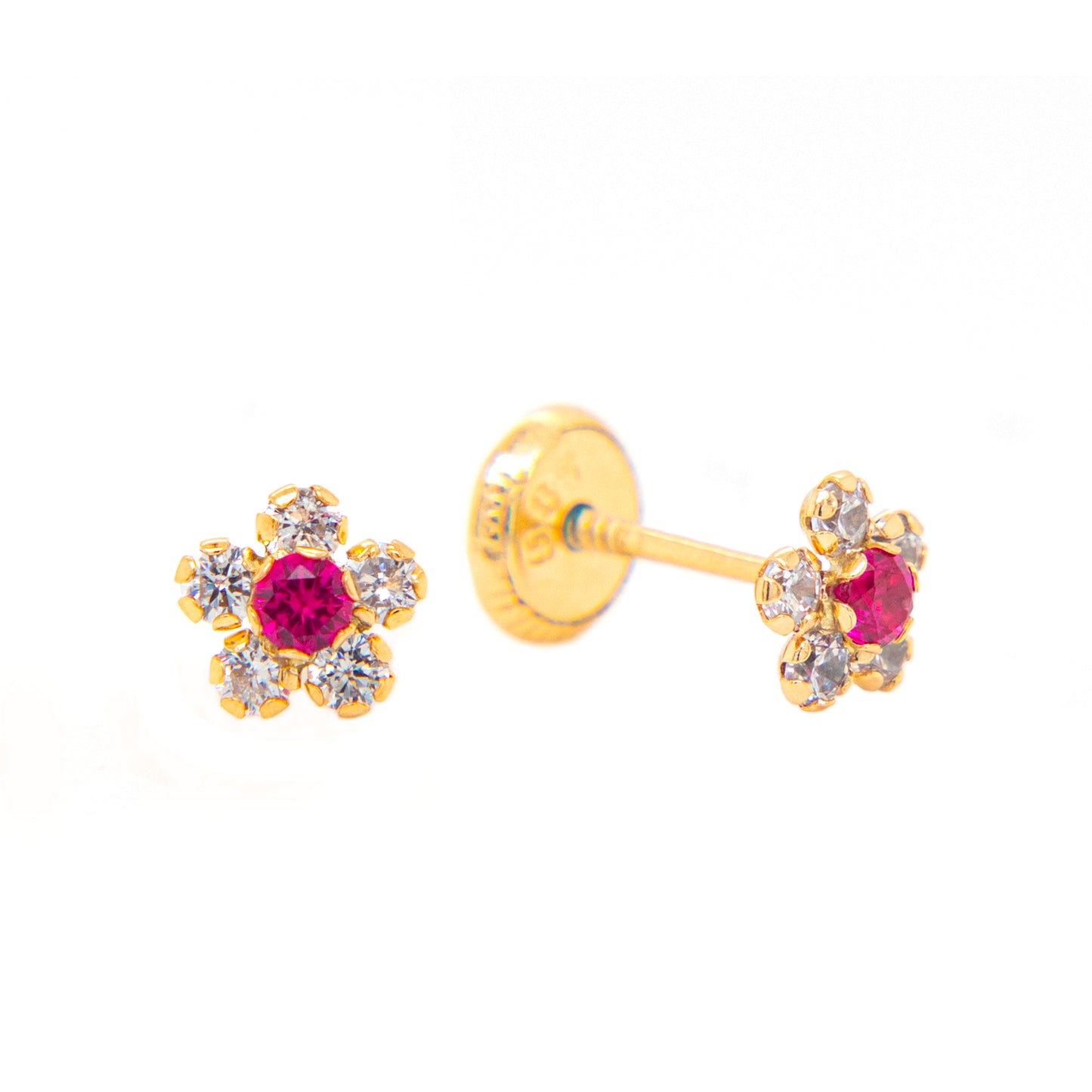 14K Yellow Gold Small White & Red CZ Round Flower Stud Screwback Earrings