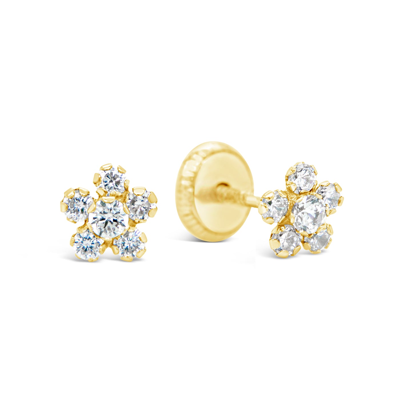 14K Yellow Gold Small White CZ Round Flower Stud Screwback Earrings
