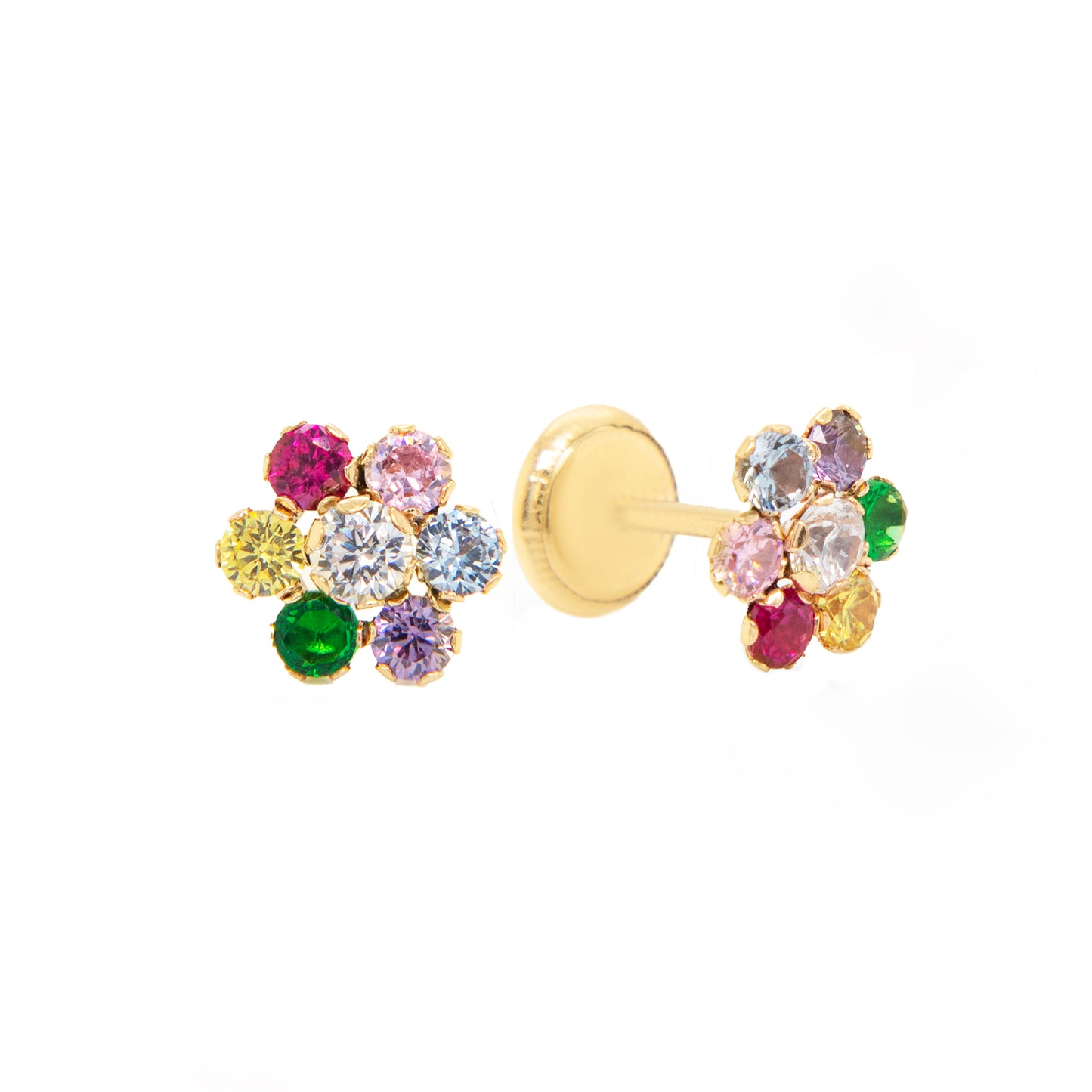 14K Yellow Gold Extra Large Multicolor CZ Round Flower Stud Screwback Earrings