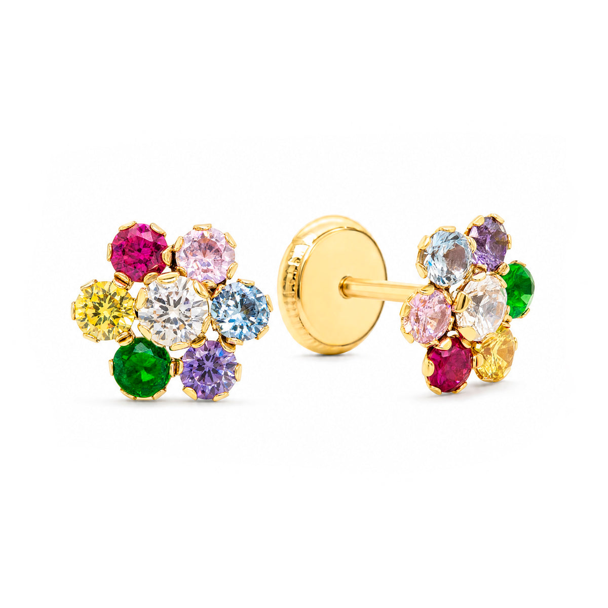 14K Yellow Gold Extra Large Multicolor CZ Round Flower Stud Screwback Earrings