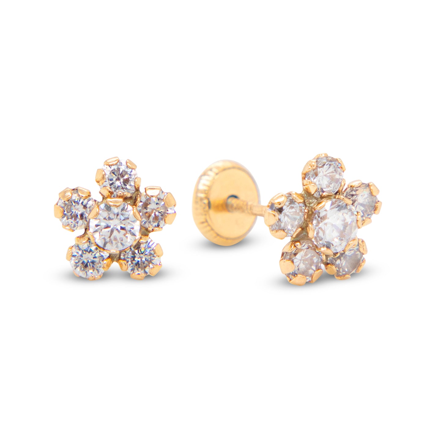 14K Yellow Gold Extra Large White CZ Round Flower Stud Screwback Earrings