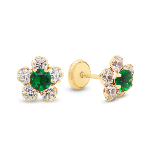 14K Yellow Gold Extra Large White & Green CZ Round Flower Stud Screwback Earrings