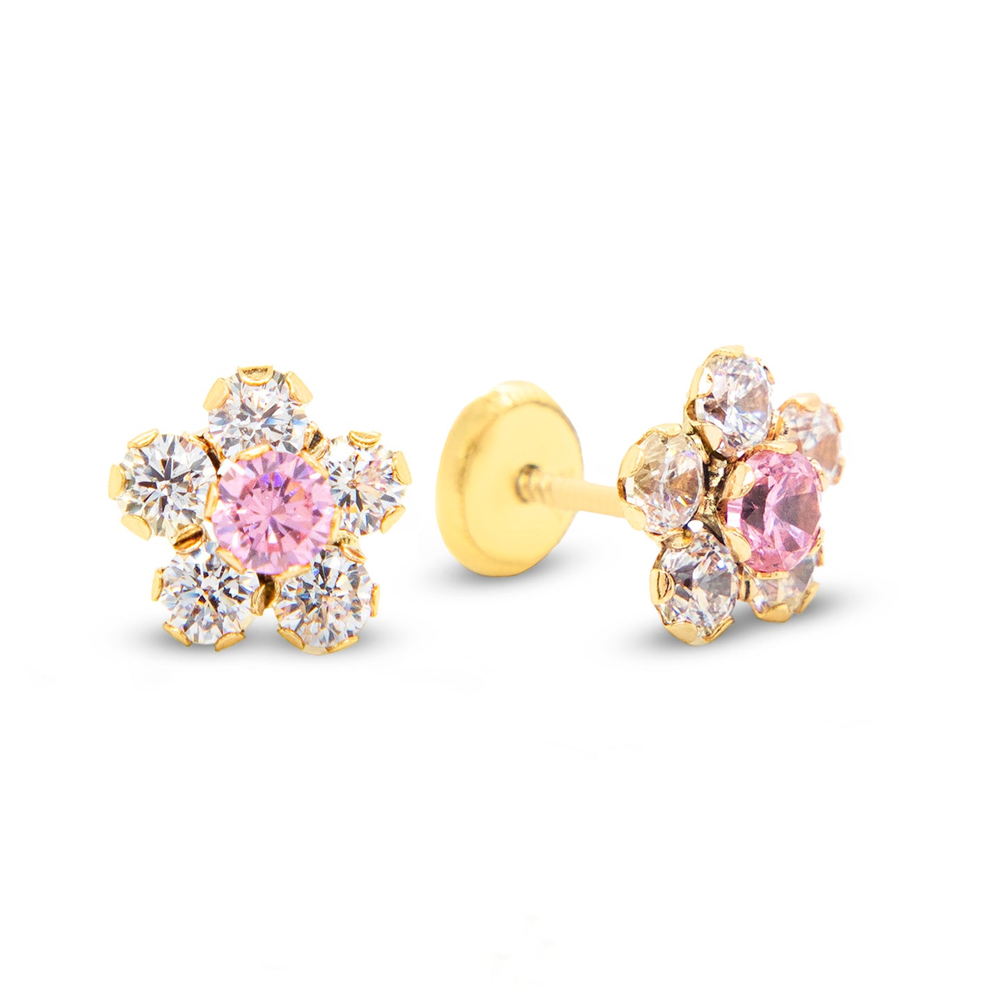 14K Yellow Gold Extra Large White & Pink CZ Round Flower Stud Screwback Earrings
