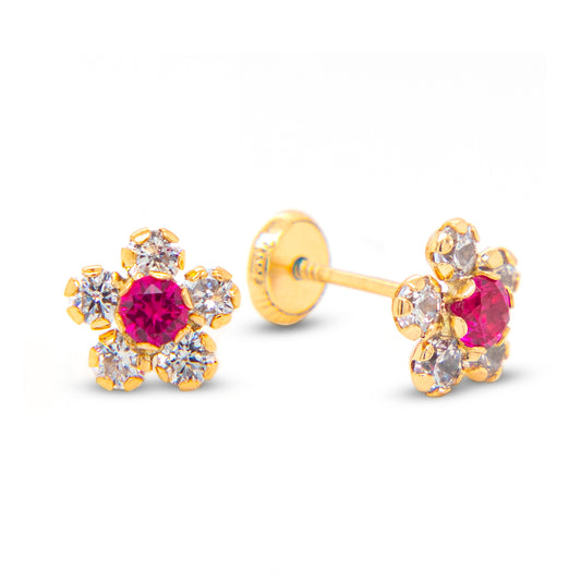 14K Yellow Gold Extra Large White & Red CZ Round Flower Stud Screwback Earrings