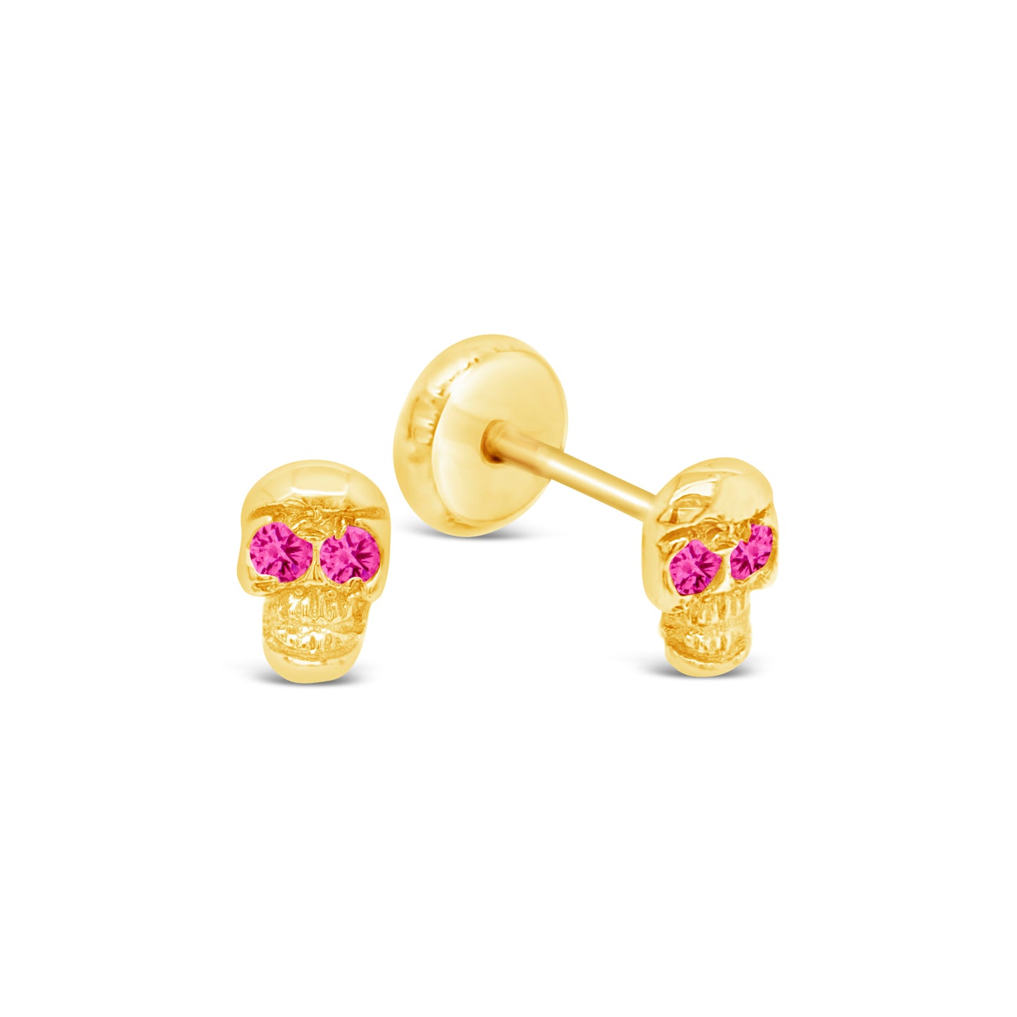 14K Yellow Gold Skull with Red CZ Eyes Stud Screwback Earrings