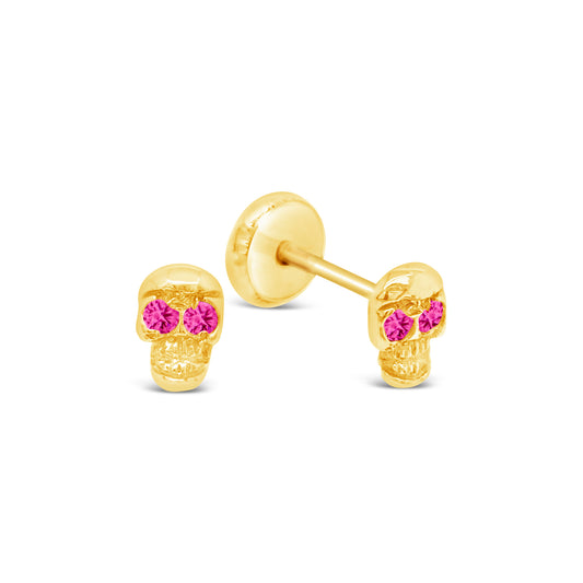 14K Yellow Gold Skull with Red CZ Eyes Stud Screwback Earrings