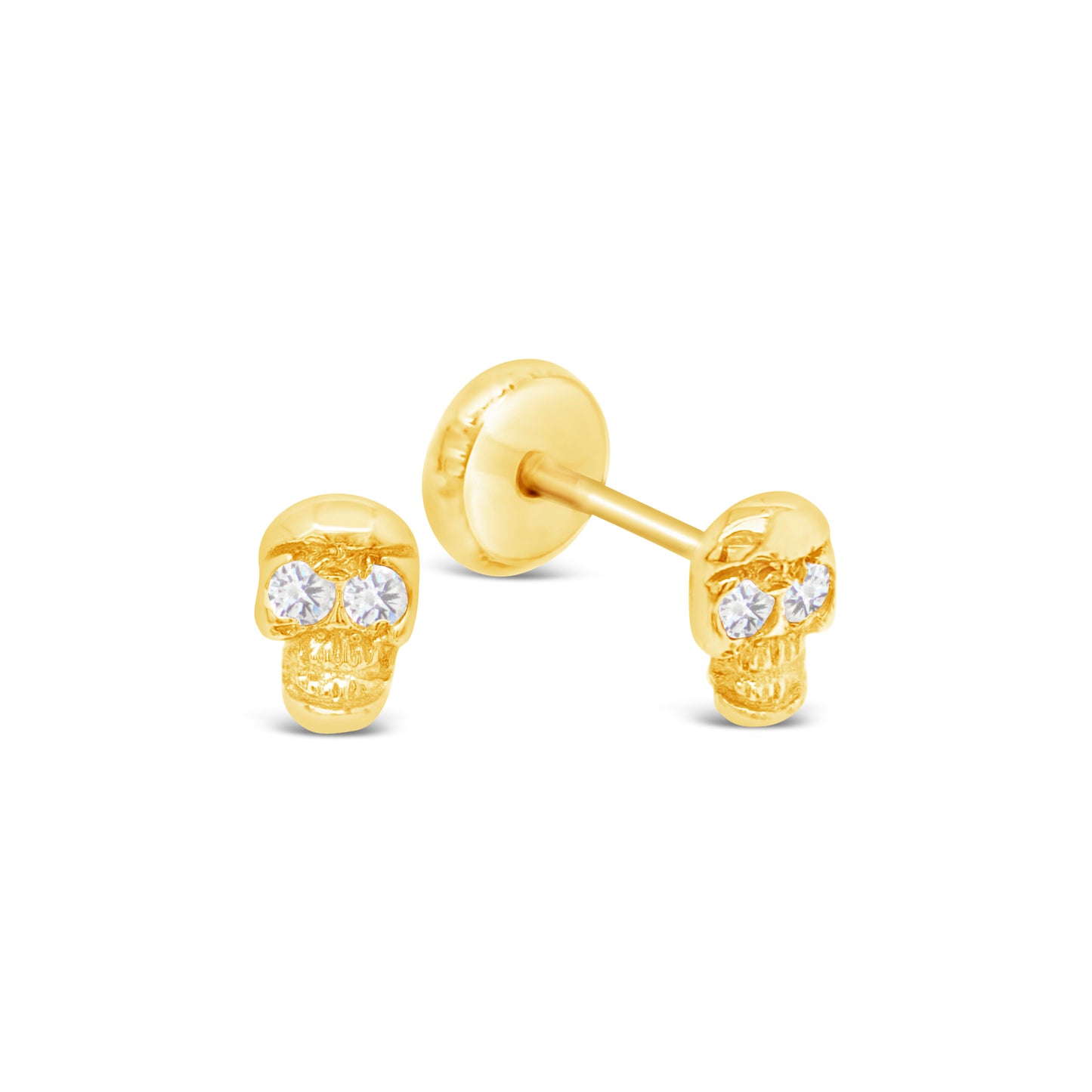 14K Yellow Gold Skull with White CZ Eyes Stud Screwback Earrings