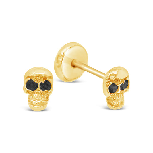 14K Yellow Gold Skull with Black CZ Eyes Stud Screwback Earrings