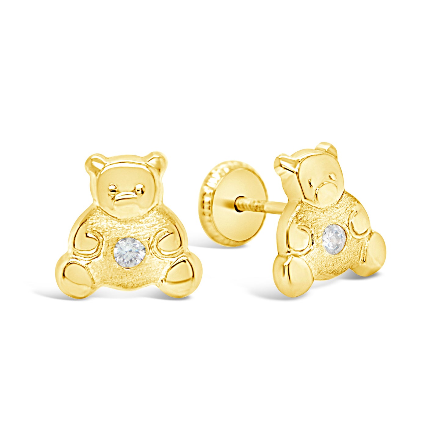 14K Yellow Gold Large Teddy Bear with White CZ Screwback Earrings