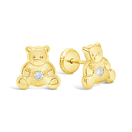 14K Yellow Gold Large Teddy Bear with White CZ Screwback Earrings