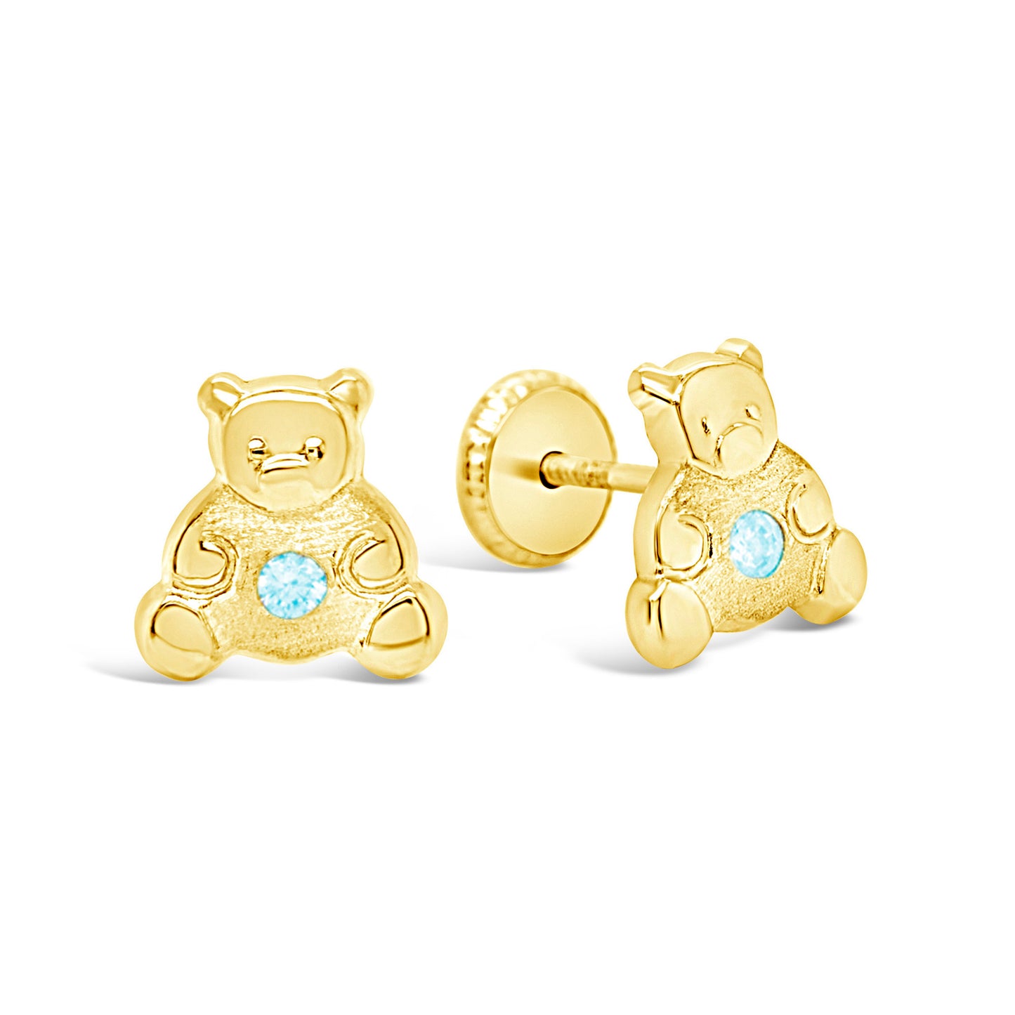 14K Yellow Gold Medium Teddy Bear with Light Blue CZ Screwback Earrings
