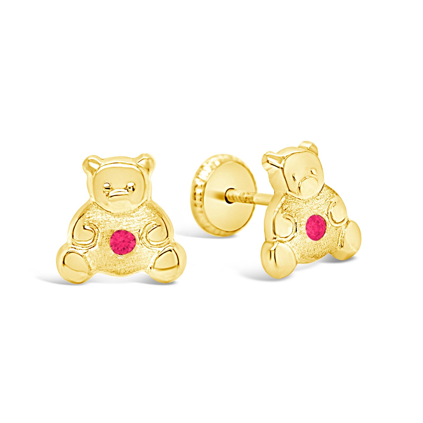 14K Yellow Gold Medium Teddy Bear with Red CZ Screwback Earrings