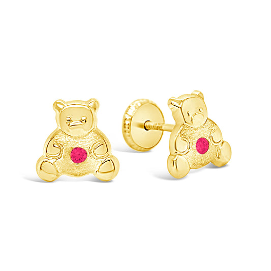 14K Yellow Gold Medium Teddy Bear with Red CZ Screwback Earrings