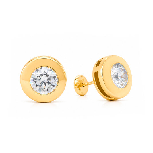 14K Yellow Gold 4MM CZ Flat Disc Bezel Stud Screwback Earrings
